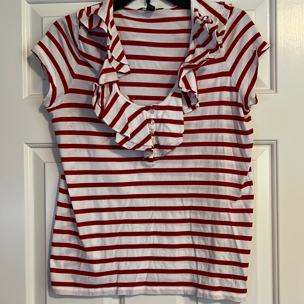 Lauren by Ralph Lauren Red and white striped cotton ruffle top.
